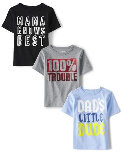 The Children's Place,and Toddler Boys Short Sleeve Graphic T-Shirt 3-Pack,Mama Knows/100% Trouble/Dads Little Dude,3T