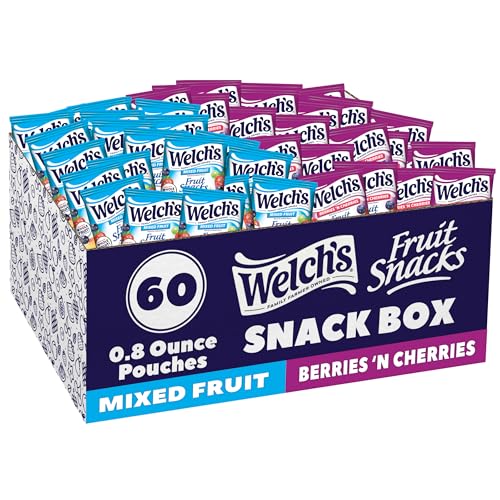 Welch's Fruit Snacks, Mixed Fruit & Berries 'N Cherries Variety Pack, Great for School Lunches, Bulk Pack, Halloween Treats, Individual Single Serve Bags, 0.8 oz (Pack of 60)