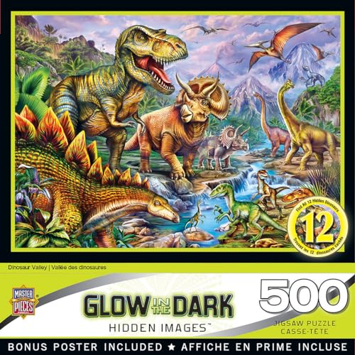 MasterPieces - 500 Piece Jigsaw Puzzle, Glows in The Dark, Hidden Images, Dinosaur Valley, Fun for Adults, Family, Kids, 15" x 21"