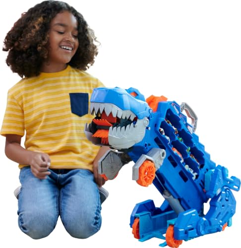 Hot Wheels Let's Race Netflix -2:1 Transporter zu T-Rex mit inkl. Autorennbahn, mit Beleuchtung und Geräuschen, inkl. 2 Spielzeugautos, Platz für 20 Autos, Hot