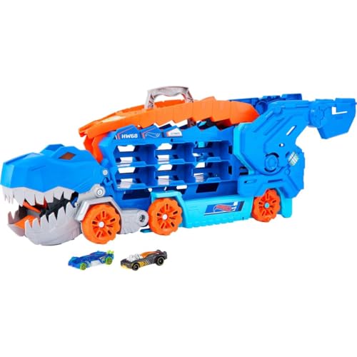 Hot Wheels City Toy Car Track Set, Ultimate T-Rex Transporter, Hauler Transforms into Stomping Dino with Race Track, from Netflix Series “Let’s Race”