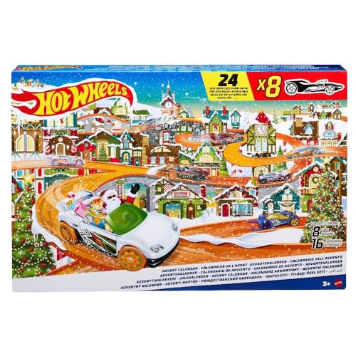 Hot Wheels Toy Car Set, 2023 Advent Calendar with 8 1:64 Scale Vehicles, 16 Accessories & Playmat for Kids & Collectors