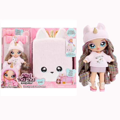 Na Na Na Surprise 3-in-1 Backpack Bedroom Unicorn Playset Britney Sparkles Fashion Doll, Fuzzy Pink Unicorn Backpack, Closet with Pillows & Blanket, Kids Gift Ages 4 5 6 7 8+