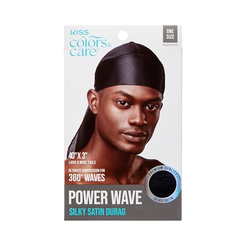 KISS COLORS & CARE Power Wave Silky Satin Durag - Black, Maximum Wave formation, Ultra-Compression, Breathable Premium Fabric, One Size Fits All, Durable & Versatile For All Hair Types