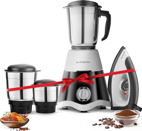 Longway Super Dlx Mixer Grinder with Kwid 1100W Dry Iron | 500 Watt Powerful Motor | 3 Jars for Grinding, Mixing, Juicing | 2 Year Warranty (Black & G