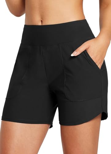 baleaf Women's Swim Shorts Tummy Control Modest Swimsuits Bathing Suit Bottoms 5" Board Shorts Beach Trunks with Pockets Black L