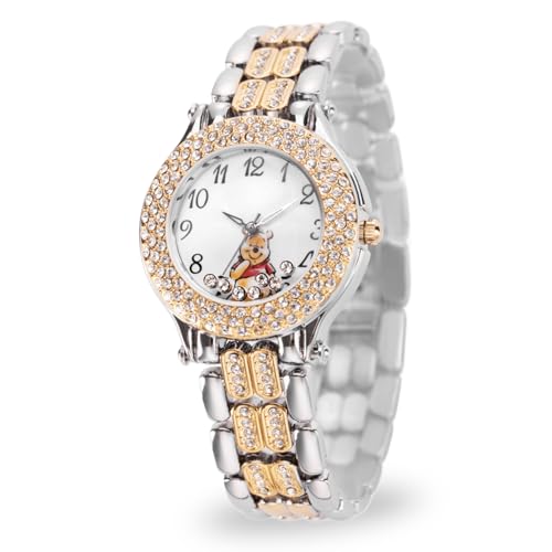Disney Elegant Winnie The Pooh Women’s Watch Featuring Classic Pooh Dial – Stunning Gift Collectors and Fans – Silver and Gold-Tone Case, Sparkling Crystal Bezel, and Two-Tone Link Bracelet
