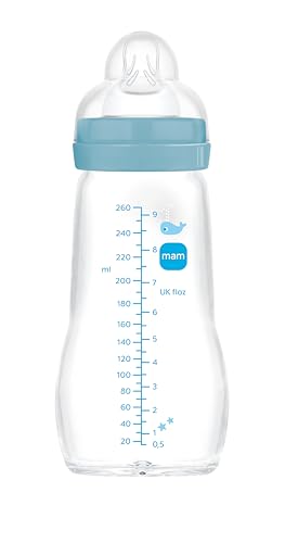 (-22%) MAM Glasflasche, 2-4 Monate, 260 ml, mit Sauger 2 mit mittlerem Durchfluss aus Silikon, leicht zu reinigen, Blau, 1 Stück