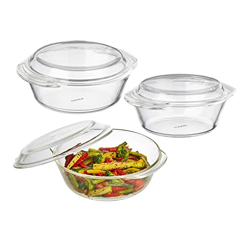 Amazon Brand - Solimo Borosilicate Glass Casserole-Cum-Serving Bowl with Lid | Set of 3 | Safe for Use in Oven and Microwave | Deep Round | 650 Ml + 1