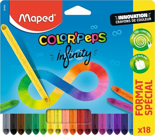 Maped - Crayons de Couleur Color'Peps Infinity - 100% Mine, 100% Utilisable - Zéro Déchet - Sans Taillage - Dure Très Longtemps - Forme Triangulaire Ergonomique - Pochette de 18 Crayons