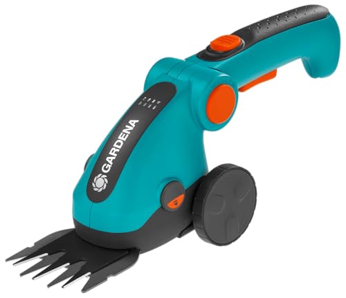 Gardena Set Akku-Grasschere ComfortCut Li: Rasenkantenschere und Teleskopstiel mit Rädern, abwinkelbarer Komforthandgriff mit LED-Anzeige, Messerwechsel ohne We