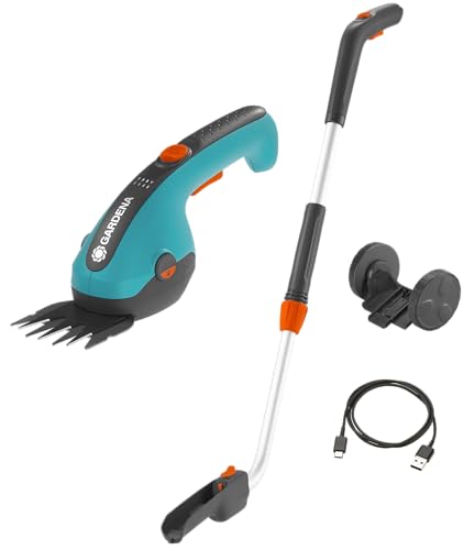 (-21%) Gardena Set Akku-Grasschere ClassicCut Li: Rasenkantenschere mit 8 cm Schnittbreite und Teleskopstiel mit Rädern, Komforthandgriff mit LED-Ladezustandsanzeige, Messerwechsel ohne Werkzeug (9886-20)