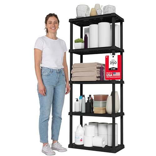 IRIS USA 5-Shelf Light Duty Plastic Storage Shelves, 250lb Capacity, 64"H x 24"W x 12"D, Medium Modular Shelving Unit Storage Organizer for Bathroom, Laundry, Garage & Home, Storage Rack - Black