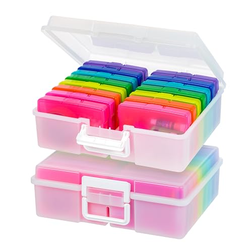 IRIS USA 4" x 6" Photo Storage Box Craft Keeper, 2-Pack, Discreet Handle Container with 16 Organization Holder Cases for Pictures, Tasks, Scrapbooking, Stationery Storage, Multi-Color/Pearl