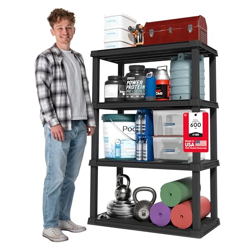 IRIS USA 4-Shelf Heavy Duty Plastic Storage Shelves, 600lb Capacity, 56"H x 36"W x 18"D, Large Modular Shelving Unit Storage Organizer for Garage, Home, Warehouse & Gym, Storage Rack - Black