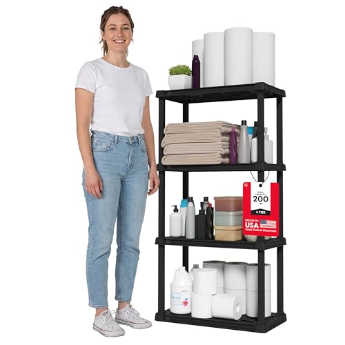 IRIS USA 4-Shelf Light Duty Plastic Storage Shelves, 200lb Capacity, 48"H x 24"W x 12"D, Medium Modular Shelving Unit Storage Organizer for Bathroom, Laundry, Garage & Home, Storage Rack - Black