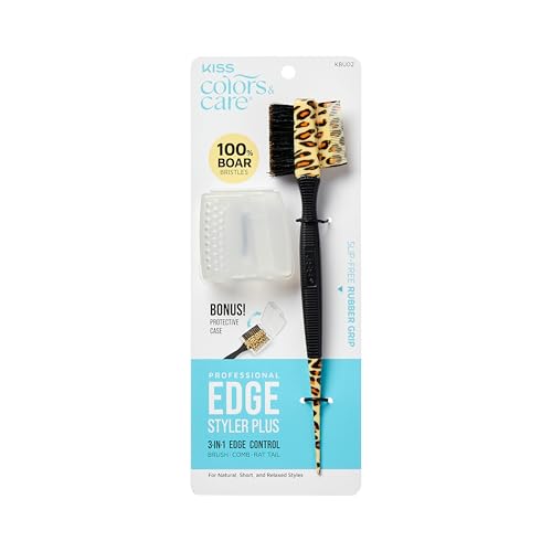 KISS Colors & Care 3-in-1 Professional Edge Styler Plus with Case - Slip-Free Rubber Grip, 100% Boar Bristles, Fine Tooth Comb, Pin Tail Tool, & Protective Case, Versatile & Ultra-Functional, Smooth & Sleek Styling