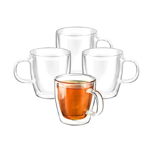 Amazon Brand - Solimo Borosilicate Glass Tea Cup, Double Wall, Heat-Resistant, Crystal-Clear, Ideal for Tea, Coffee and Other Beverages (Set of 4, 170