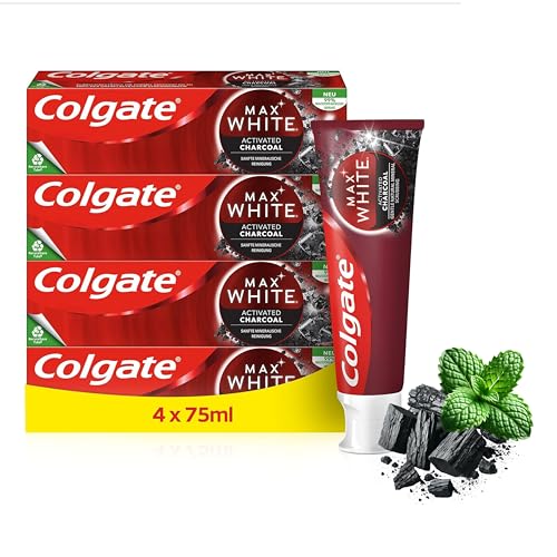 Colgate Max White Charcoal Toothpaste, Activated Charcoal, Clinically Proven to Remove up to 100 Percent Surface Stains*, 4 Pack, 75ml Tubes