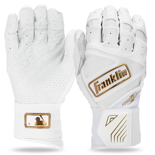 Franklin Sports MLB Batting Gloves - Infinite Powerstrap Baseball + Softball Batting Gloves - Durable Full Wrap Cage Practice Gear - Long Cuff Wrist + Heavy Duty Leather - Adult Large - White + Gold