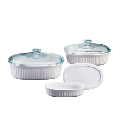 CorningWare Ceramic Bakeware Set with Lids Chip and Crack Resistant Stoneware Baking Dish, Microwave, Dishwasher, Oven, Freezer and Fridge Safe, 6-Piece French White