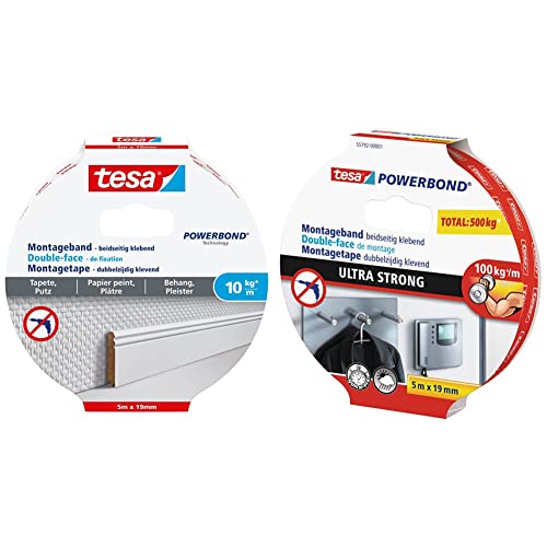 (-41%) tesa Montageband Tapete&Putz, 10 kg Haltekraft pro Meter - 5 m x 19 mm & Powerbond ULTRA STRONG - Doppelseitiges, extra starkes Montageband zur permanenten Befestigung im Außen- und Innenbereich - 5 m