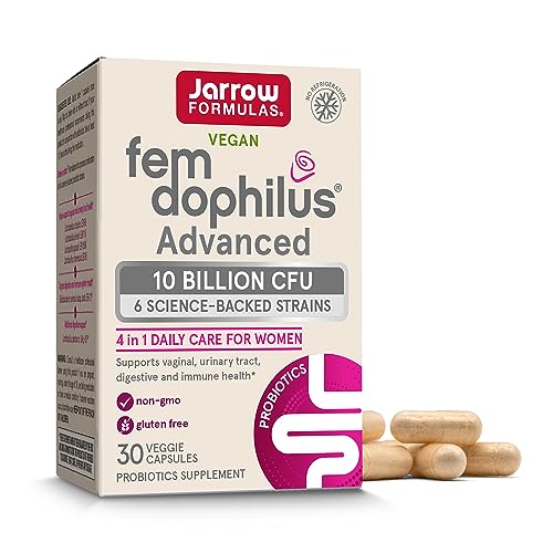 Jarrow Formulas Fem-Dophilus Advanced Vaginal & Digestive Probiotics 10 Billion CFU With 6 Clinically-Studied Strains, For Vaginal, Urinary Tract, Digestive & Immune Support, 30 Capsules, Shelf-Stable