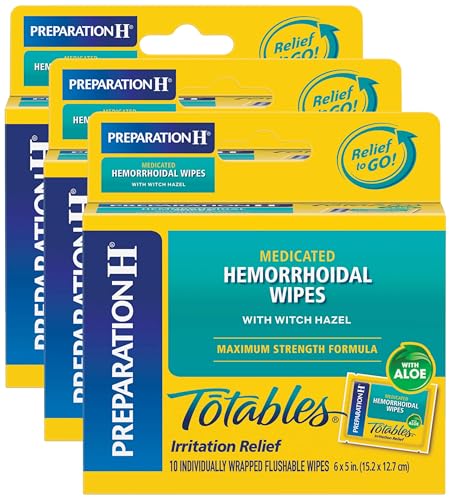 Preparation H Totables Hemorrhoid Flushable Wipes with Witch Hazel for Skin Irritation Relief - 10 Count (Pack of 3)