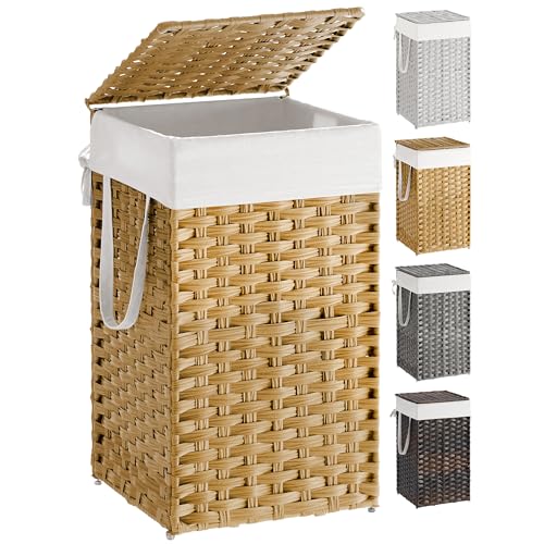 SONGMICS Laundry Hamper with Lid, 17.2 Gallon (65 L) Synthetic Rattan Clothes Laundry Basket with Lid and Handles, Folda