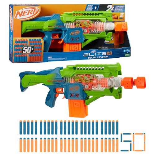 Nerf Elite 2.0, Blaster motorisé Double Punch, canons alternatifs Rapides, 50 fléchettes Nerf Elite, 2 chargeurs 10 fléchettes, dès 8 Ans
