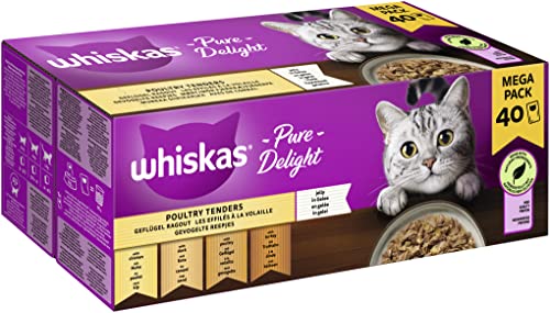 (-27%) Whiskas 1+ Katzennassfutter Ragout Geflügel Auswahl in Gelee, 40x85g (1 Packung) – Hochwertiges Nassfutter für ausgewachsene Katzen in 40 Portionsbeuteln