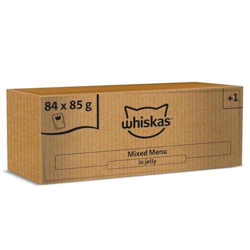 7,10€ Coupon! Whiskas Adult 1+ Katzennassfutter Gemischte Auswahl in Gelee, 84 Portionsbeutel, 84x85g (1 Großpackung) – Hochwertiges Katzenfutter nass, für ausgewachsene Katzen