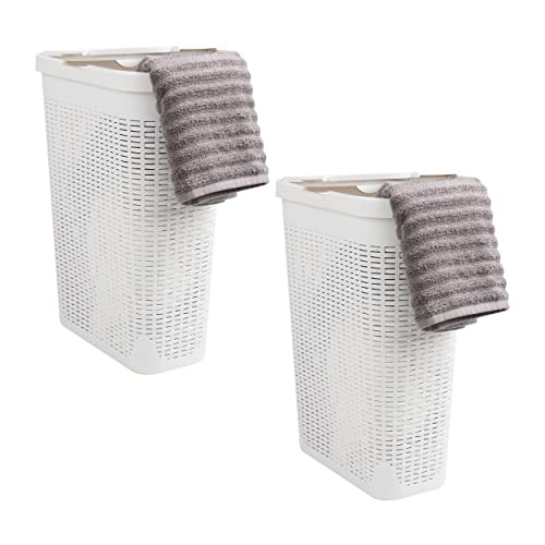 Mind Reader Slim Laundry Hamper with Lid, 40L Clothes Basket, Premium Wicker Design, Plastic, Set of 2, WhiteLaundry Ha
