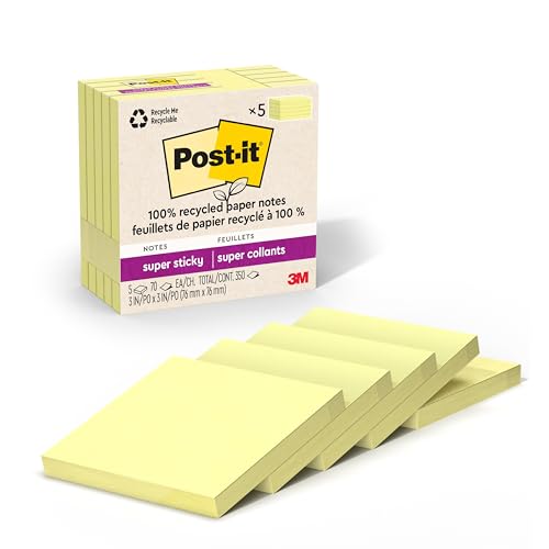 Post-it 100% Recycled Paper Super Sticky Notes, Canary Yellow, 3 in. x 3 in., 5 Sticky Note Pads, 70 Sheets per Pad, School Supplies and Office Products