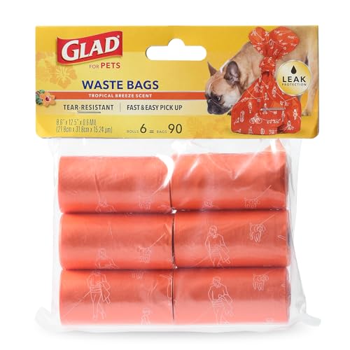 Glad for Pets Large Dog Waste Bags, Scented, Tear-Resistant, 6 Rolls | Heavy Duty Poop Bags for Fast and Easy Waste Cleanup | 6 Rolls, 90 Bags Total