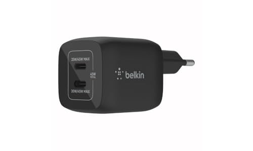 Belkin 45-W-USB-C-Ladegerät mit 2 Ports, Schnellladen mit Power Delivery 3.0 und GaN-Technologie für MacBook Pro, iPhone 17, iPhone Air, iPad, Galaxy