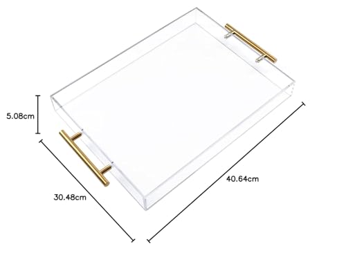 12"x16" Clear Acrylic Serving Tray with Golden Handles, Sturdy Huge Capacity Acrylic Tray for Coffee, Juice, Kitchen and Desk Organizer, Storage Tray (12"x16")