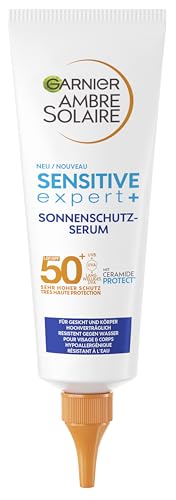 (-18%) Garnier Sonnenschutz Serum mit LSF50+ für sensible Haut, Wasserfeste Sonnencreme für Gesicht und Körper, Rückstandslose, nicht fettende Formel mit Ceramiden, Ambre Solaire Sensitive expert+, 1x 125 ml