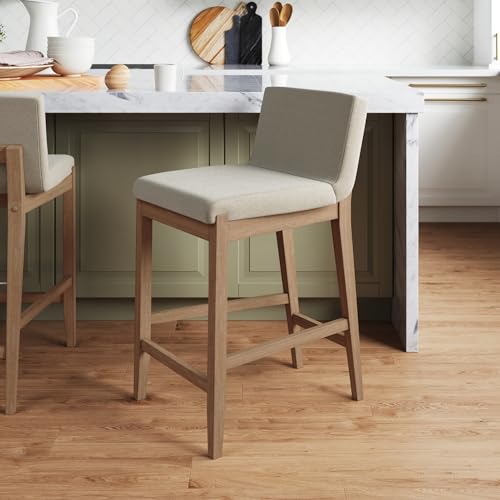 Nathan James Gracie Modern Counter Height Bar Stool with Back, Counter Stool Upholstered Chair with Natural Flax White Fabric and Brushed Light Brown Wooden Legs, Natural Flax/Brown