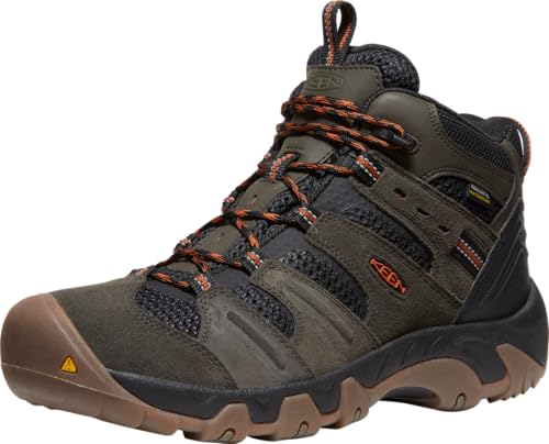 KEEN Men's Headout Mid Height Waterproof All Terrain Hiking Boots, Black Olive/Fossil Orange, 9.5
