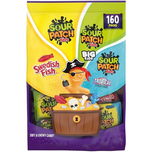 SOUR PATCH KIDS Original, Tropical, Big Kids & SWEDISH FISH Halloween Candy Variety Pack, Bulk Candy, 160 Trick or Treat Bags