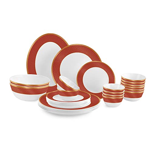 Cello Opalware Solitaire Series Ruby Dinner Set, 27 Units | Opal Glass Dinner Set for 6 | Crockery Set for Festive Ocassions, Parties | White Plate an