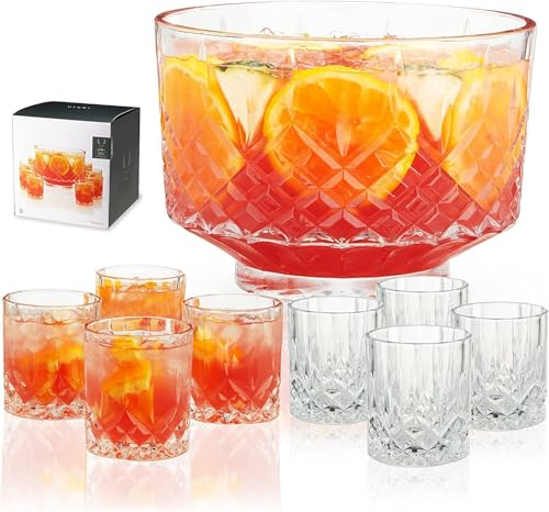 Viski Admiral Punch Bowl Set with 8 Tumblers, Cut Crystal Cocktail Party Serveware, Dishwasher Safe, 2.5 Gallons, 9 Oz G