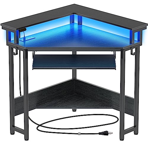 Rolanstar Corner Desk,44.5" W x 34.5" H Small Computer Desk with Power Outlets, Gaming Desk with LED Lights, Triangle Corner Table with Keyboard Tray & Monitor Stand for Small Space, Black