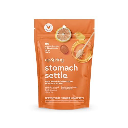 UpSpring Stomach Settle Drops for Occasional Nausea Relief and Morning Sickness with Ginger, Lemon, Spearmint, and B6. Individually Wrapped Drops, 55 Ct(Packaging May Vary)