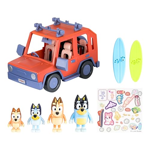 Bluey Heeler 4WD Family Toddler Toy Car with 4 Figures, Surfboards and Sticker Sheet, Pretend Play, Toys for Kids Ages 3+, Amazon Exclusive