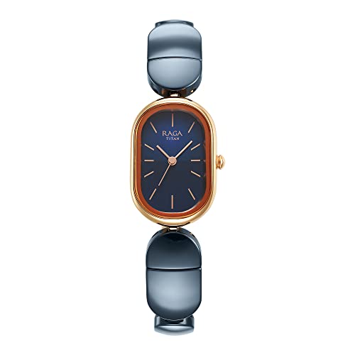 Titan Raga Ceramics Quartz Analog Midnight Blue Dial Two Toned Blue Ceramic & Rose Gold Stainless Steel Strap Watch for Women - NS95147KD01