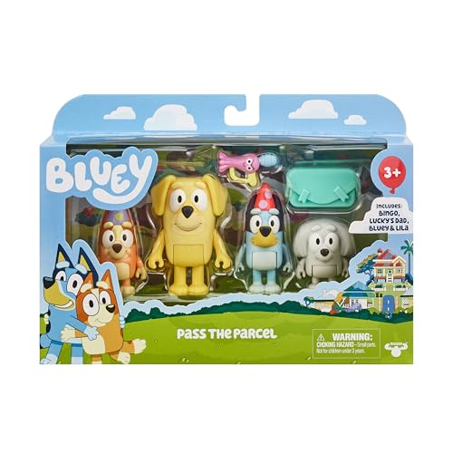 Bluey Figure 4-Pack, Pass The Parcel 2.5-3 inch, Bingo, Lucky's Dad and Lila Character Figures with Accessories