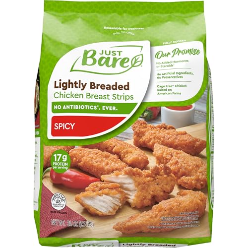 Just Bare® Chicken Lightly Breaded Spicy Breast Strips | Fully Cooked | 16 G Protein | Frozen | 1.5 LB