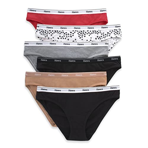 Hanes Women's Originals Bikini Panties, Breathable Stretch Cotton Underwear, Assorted, 6-Pack, Basic Color Mix, X Large